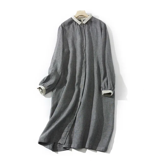 Spring And Autumn Houndstooth Mid length Long Sleeve Cotton Linen Shirt - Shop at LoveMi