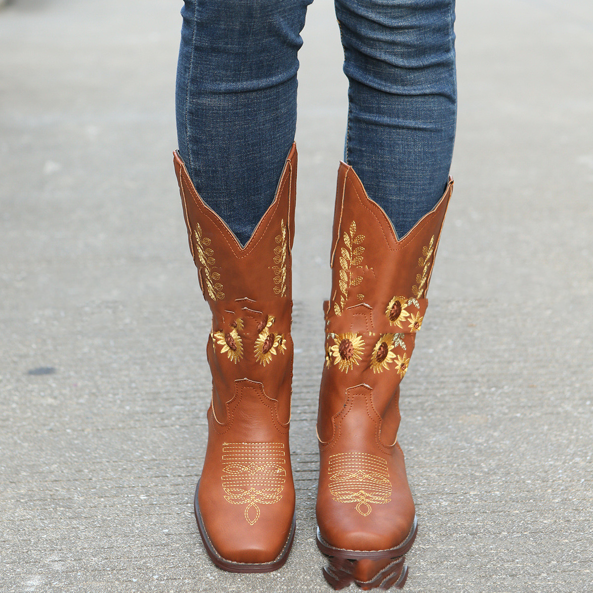 Boots Flat-bottomed Large Size Embroidery Sunflower