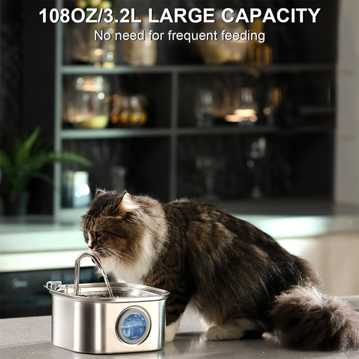 Cat Water Fountain Stainless Steel,108oz 3.2L Cat Fountain For Drinking - Pet Water Fountain Inside - Automatic Dog Watering Dispenser Bowl - Pet Feeding & Watering Supplies - Water Level Window