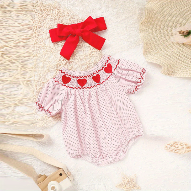 Baby Girl's Short Sleeve Pink Romper, Polka Dot Pattern With Heart Embroidery And Ruffle Detail