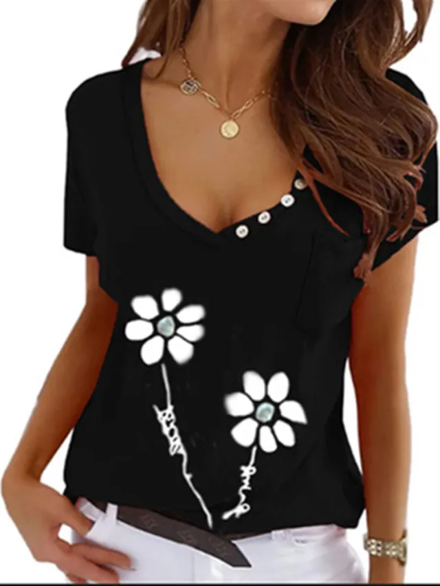 Slim Fit V neck Print Short Sleeves Black - Shop at LoveMi