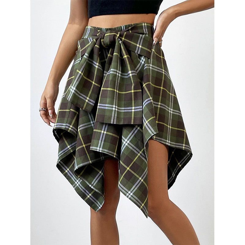 European And American All-match Women's High Waist Irregular Plaid Skirt