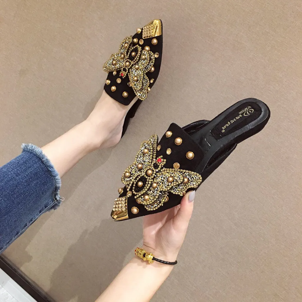 New Rhinestone Butterfly Pointed Baotou Lazy Slippers - Black