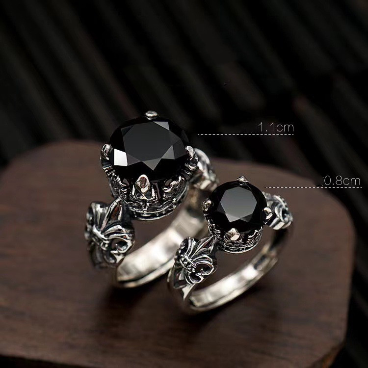 Title 1, 925 Thai Silver Crown Black Agate Diamond Ring