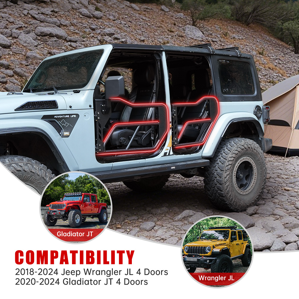 Tube Doors With Side View Mirror For 2018-2025 Je Ep Wrangler JL JLU And Gladiator JT 4-Doors - Includes 4XE 4-piece Set Off Road Summer Trail Adventure