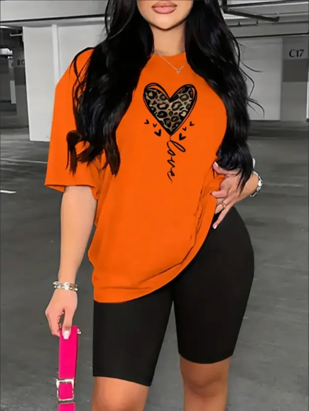 Leopard Heart Print Two Piece Set, Short Sleeve T shirt & Short Leggings, Women's Clothing Orange - Shop at LoveMi