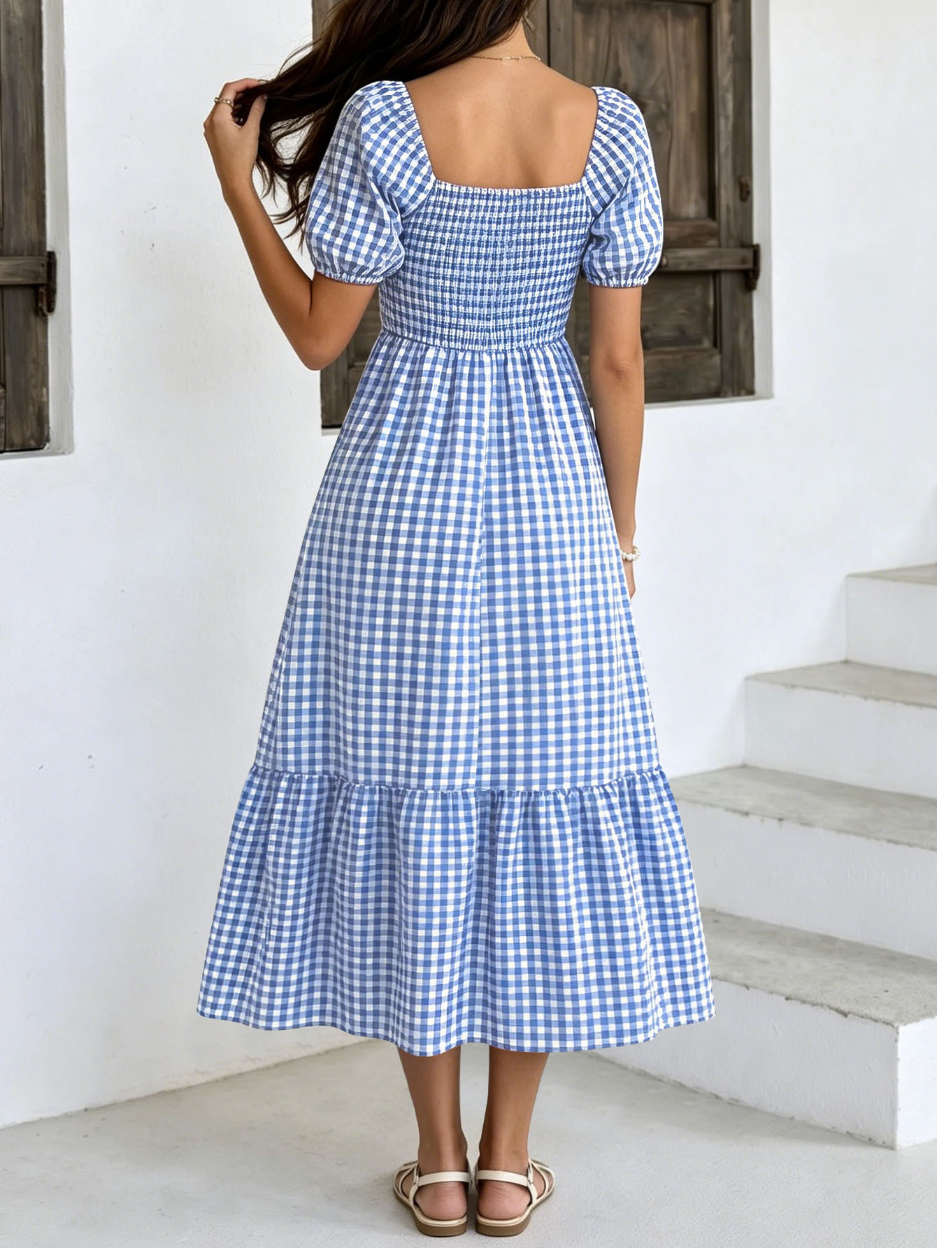 Gingham Puff Sleeve Maxi Dress