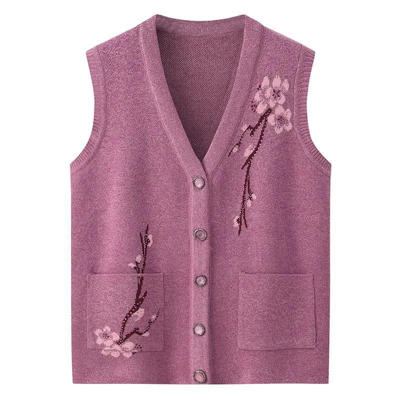 Knitted Sweater Waistcoat Cardigan Middle-aged And Elderly Waistcoat Winter Clothing - Purple