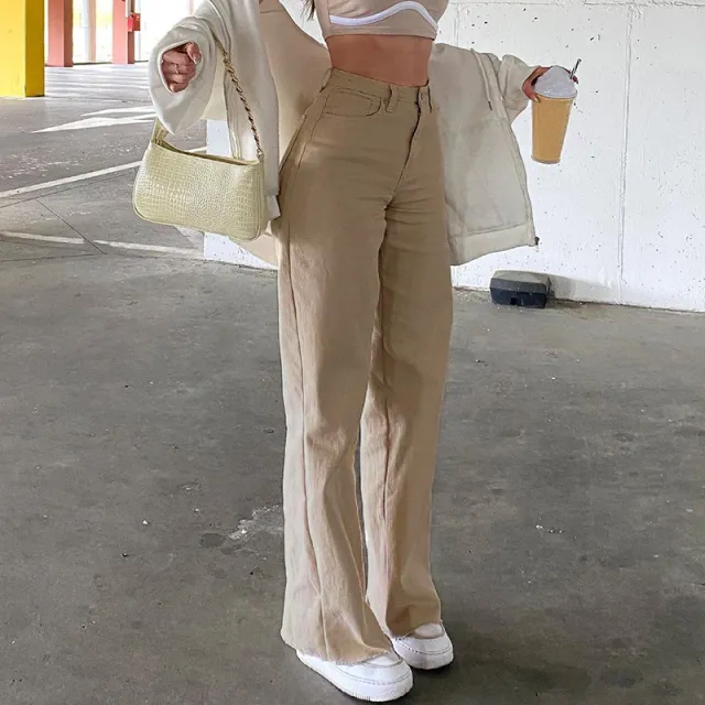 Jeans Women's Loose Wide legged All match Khaki Casual Trousers Khaki - Shop at LoveMi