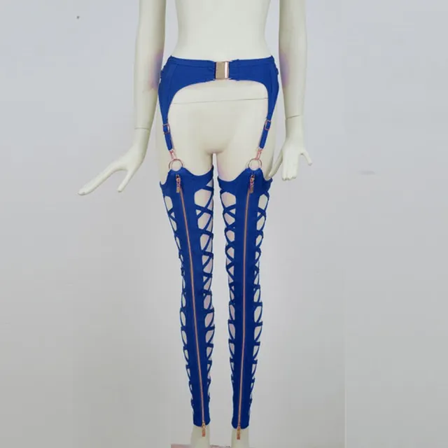 European And American Sexy Front Zipper Cutout Tight Nightclub Leggings Women's Clothing Blue - Shop at LoveMi