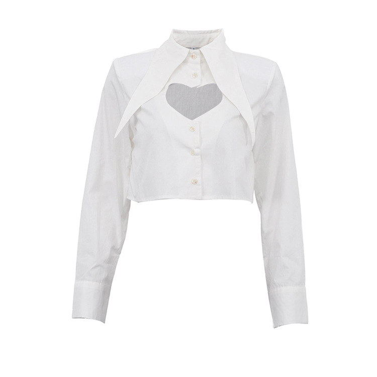 Pointed Collar Heart Cutout Long Sleeve Crop Shirt