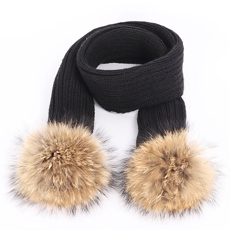 Men's And Women's Thickened Raccoon Fur Ball Knitted Ear Set Black - Shop at LoveMi