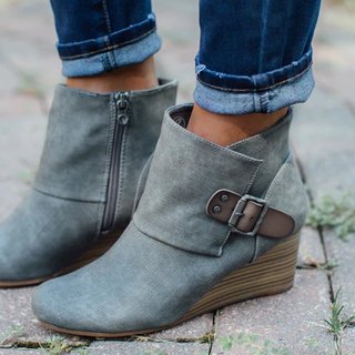 Fashion Platform Round Toe Wedge Heel Ankle Boots Side Zipper Buckle Grey - Shop at LoveMi