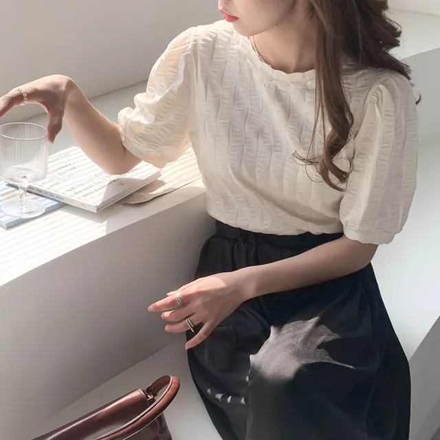 Women's Commuter Style Round Neck Short Sleeve Shirt Beige - Shop at LoveMi
