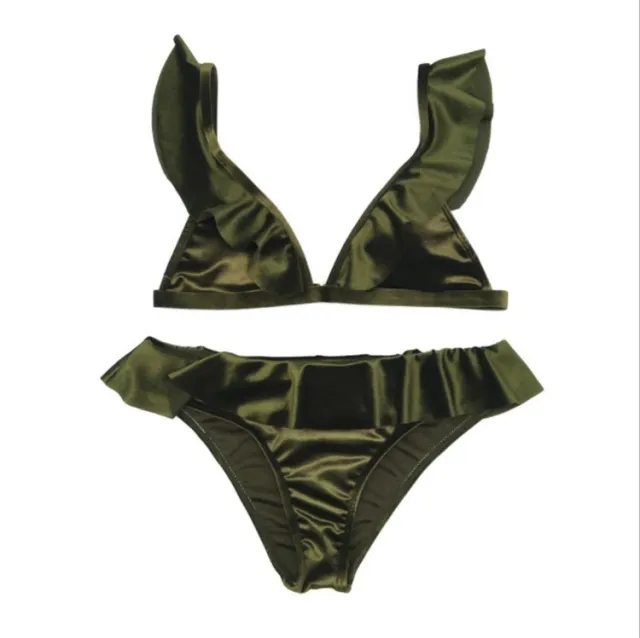Women Ice Velvet Ruffle Bikini Sets Band Green - Shop at LoveMi