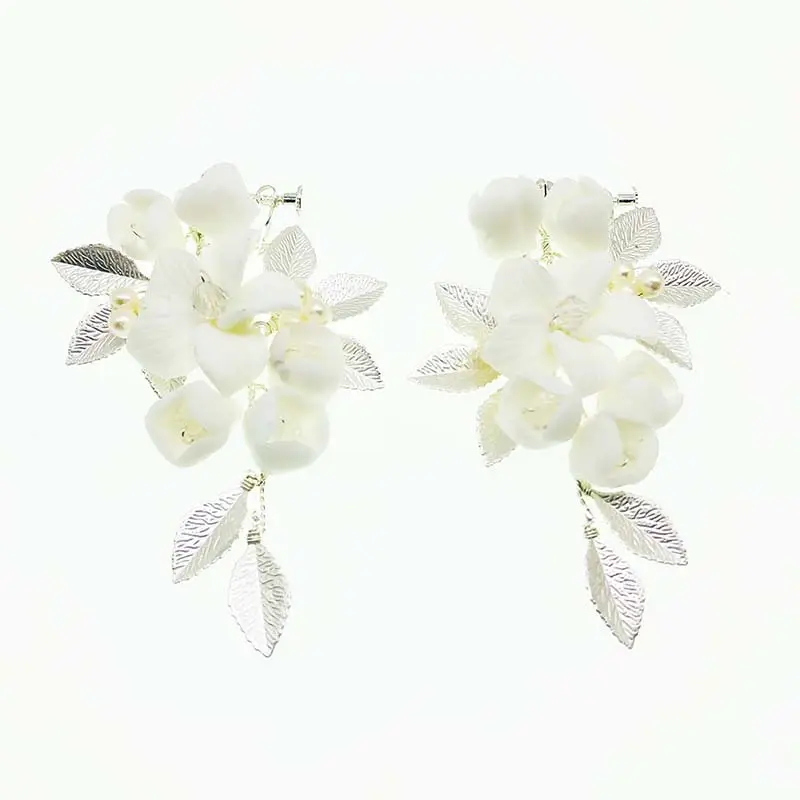 Women's Silver Ceramic Flower Wedding Ornament Earrings
