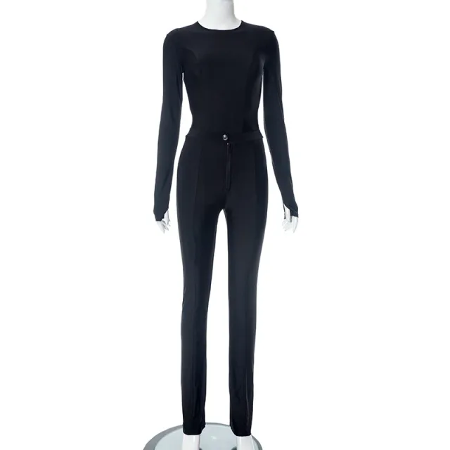 Tight Long sleeved Top Zipper Button Trousers Casual Suit Black - Shop at LoveMi