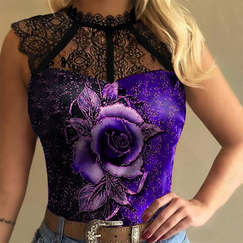 Fashion Casual Slim Fit Printed Lace Top T-Shirt Women