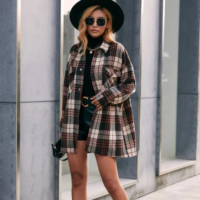 Casual Plaid Single breasted Mid length Trench Coat Shirt Brown - Shop at LoveMi
