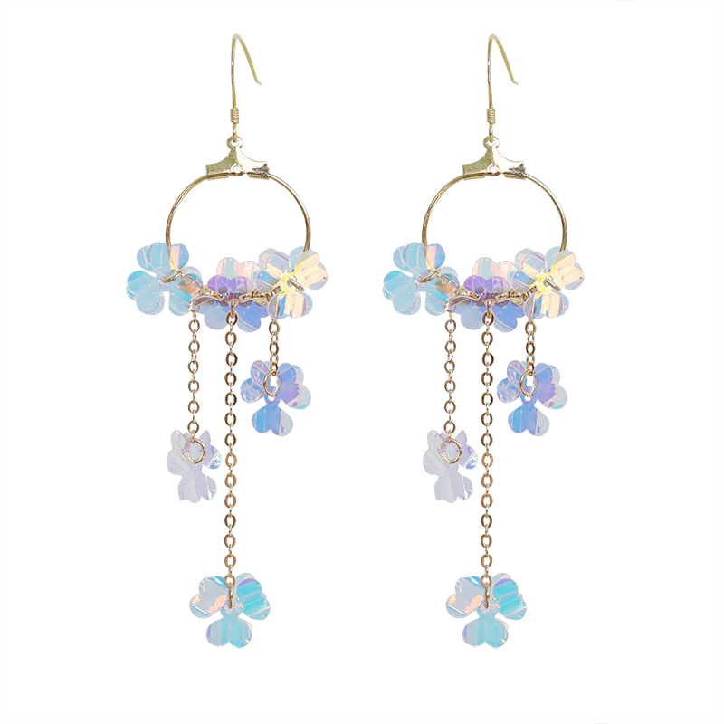 Fourleaf Grass Flower Ring Tassel Earrings