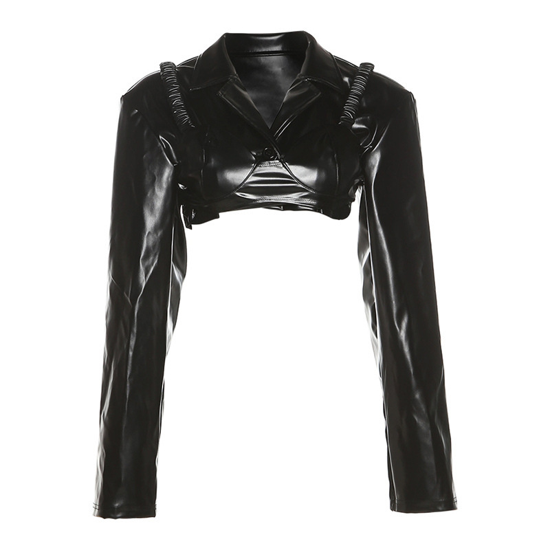 Women's New Style Long sleeved Lapel Umbilical Slimming PU Leather Top Black - Shop at LoveMi