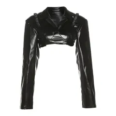 Women's New Style Long-sleeved Lapel Umbilical Slimming PU Leather Top - Black - View 1