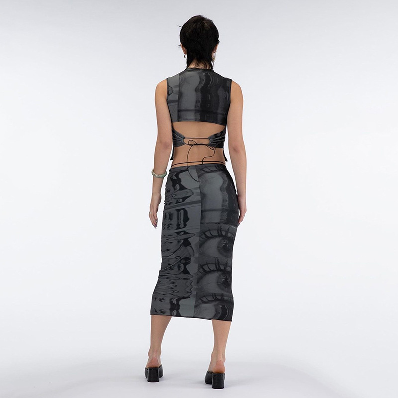 Women's Sleeveless Crew Neck Cutout Tank Top Mid Skirts