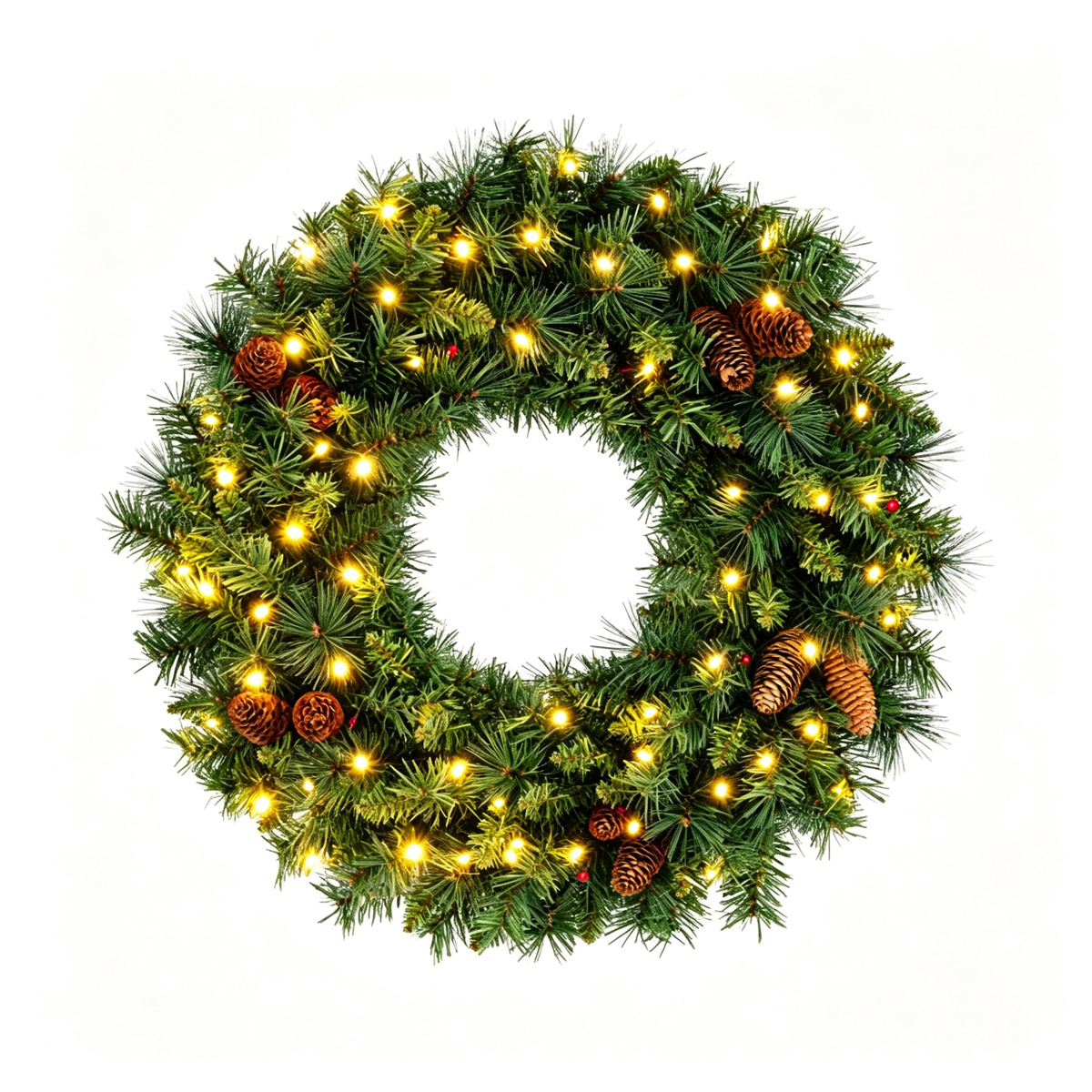 24in Pre-Lit Christmas Wreath With 50 Warm White LED Lights, 10 Natural Pine Cones, 143 Branch Tips, Auto Timer, Front Door Mantel Wall Decor---Unavailable Platform-Amazon&Temu — 1