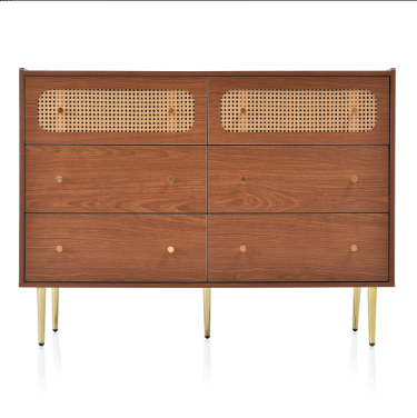Rattan Sideboard Cabinet For Living Room, Chest Of Drawers With 6 Walnut - 40D — image 7