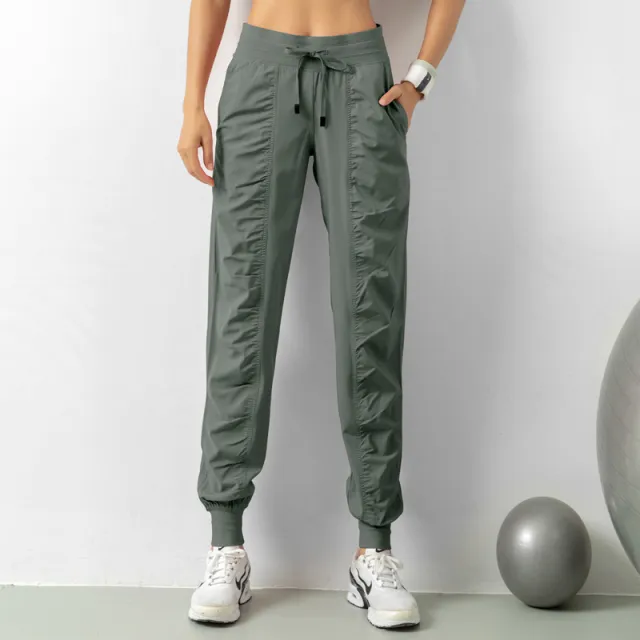 Fashion Casual Sports Pants For Women Loose Legs Drawstring High Waist Trousers With Pockets Running Sports Gym Fitness Yoga Pants Army Green - Shop at LoveMi