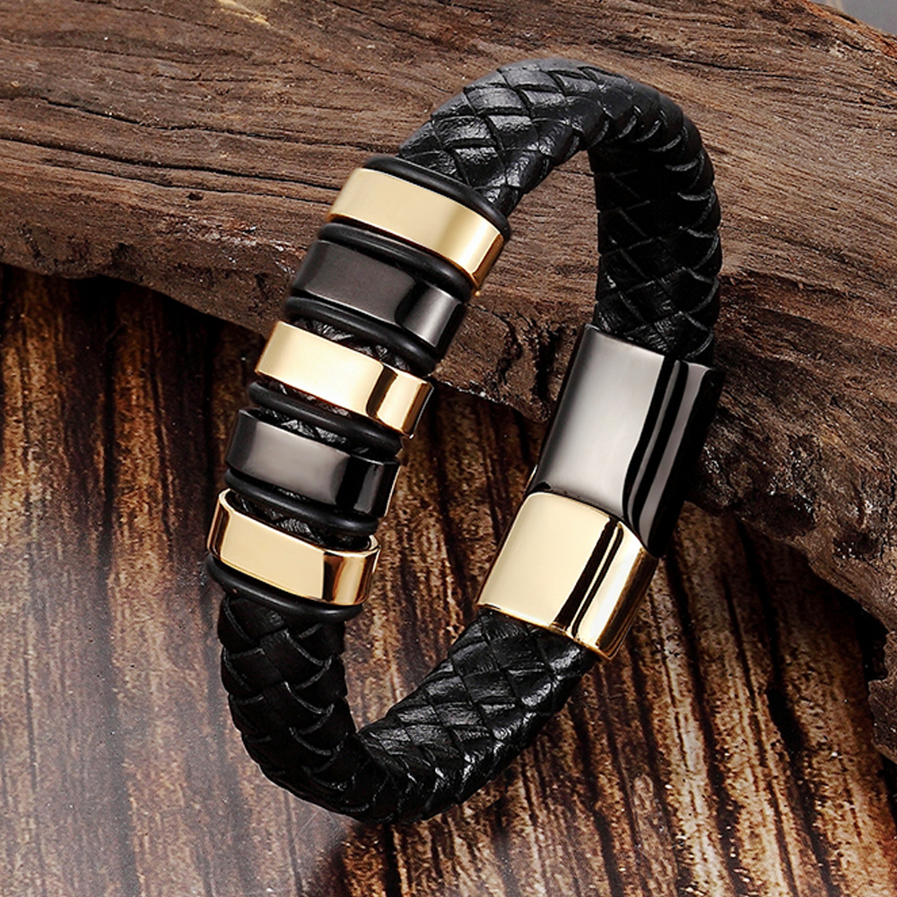 Leather Cord Bracelet Men's Stainless Steel Leather Woven Handmade Metal Leather Jewelry