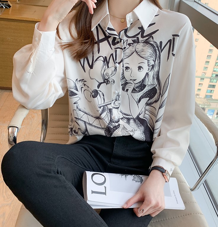 Hong Kong Style Printed Loose Design Shirt Women's Chiffon Top