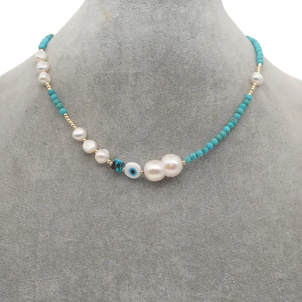 Retro Ethnic Style Turquoise Head Eye Clavicle Chain Natural Freshwater Pearl Necklace Female