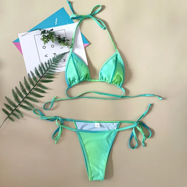 Topstitched Color Smudge Split Gradient Strap Swimsuit Green - Shop at LoveMi