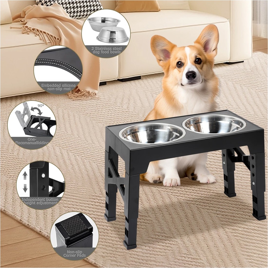 Large Dog Food Feeding Stand Station Stainless Steel Double Raised Bowls Feeding