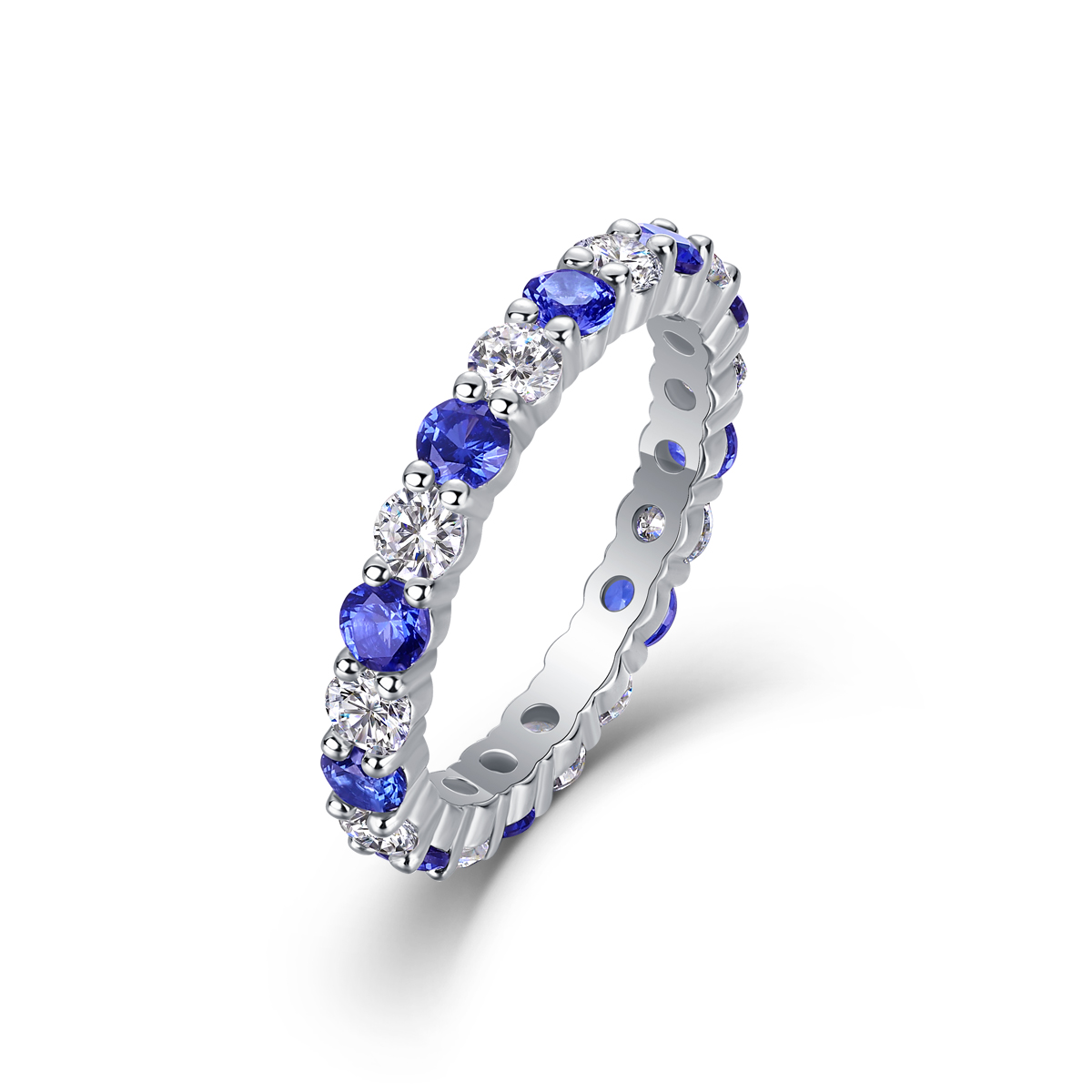 2.4g S925 Sterling Silver Platinum Plated Eternity Ring Synthetic Blue Sapphire & White Stone Alternating Band, Dainty Hollow Promise Ring For Women, Jewelry Gift Box Set