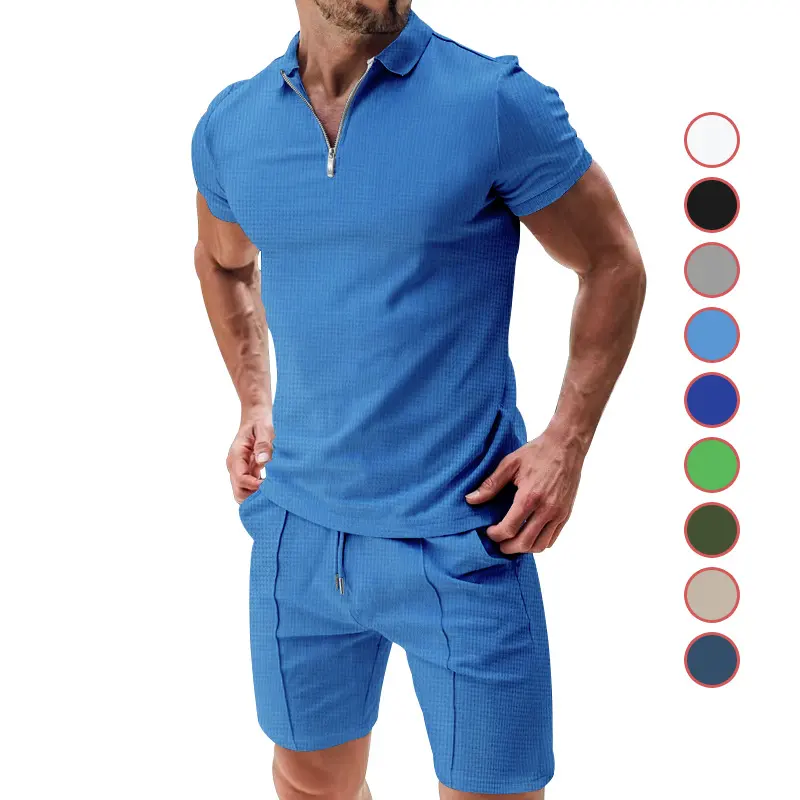 2Pcs Casual Waffle Suit Summer Zipper Lapel Short-sleeved Top
