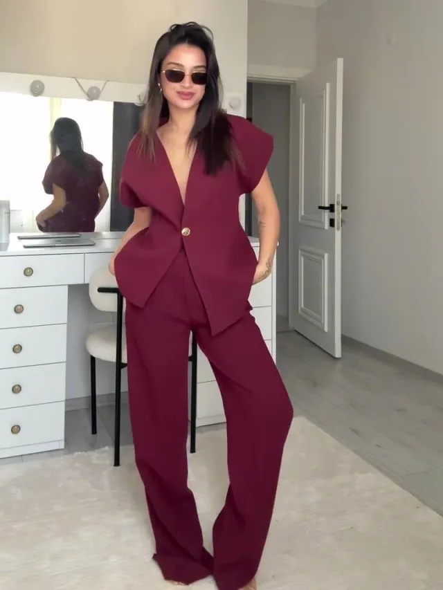 Burgundy Sleeveless Single button Top & High waisted Pants Set Burgundy - Shop at LoveMi
