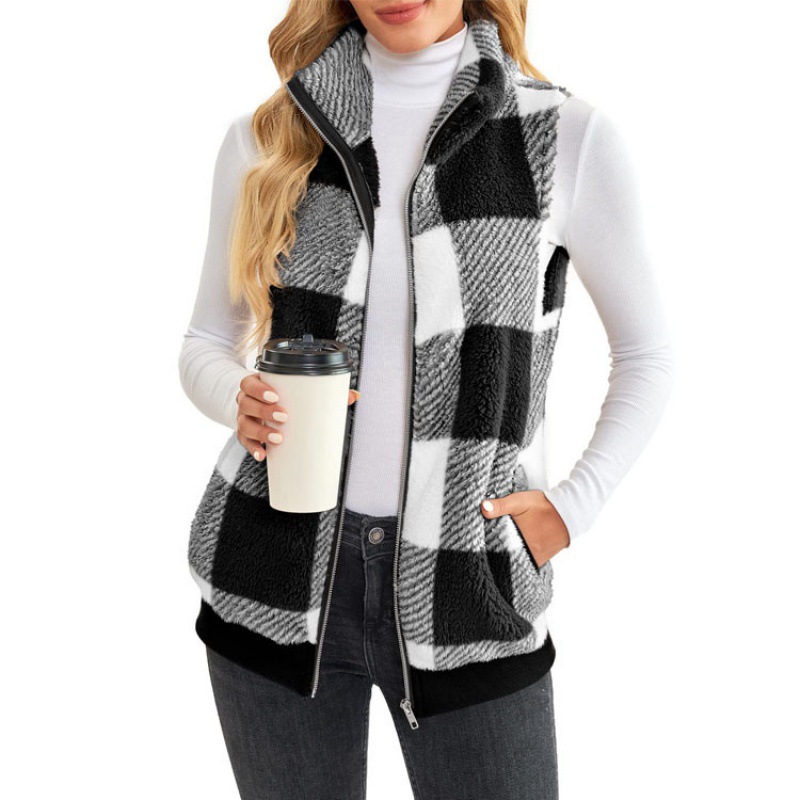 Plaid Comfort Fleece Cardigan Vest Stand Collar Sleeveless Women's Coat