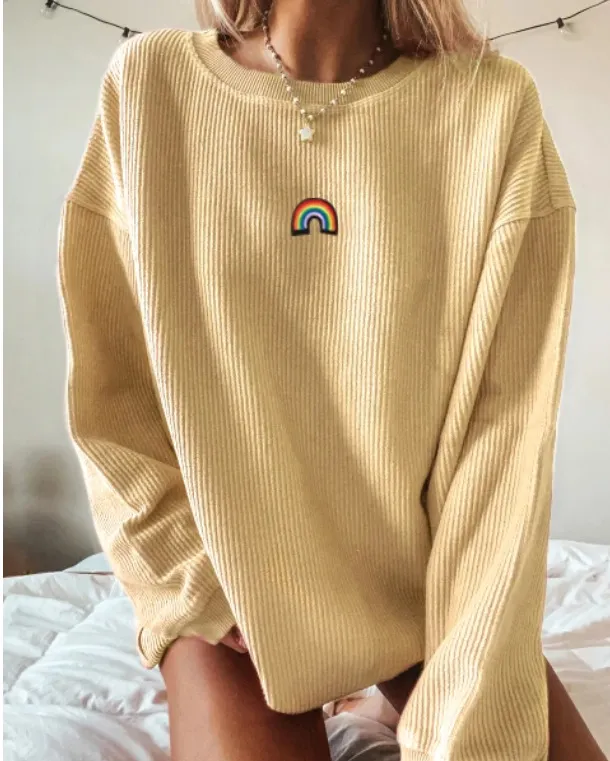 Striped Printed Round Neck Long sleeved Pit Stripe Sweater Women Yellow - Shop at LoveMi