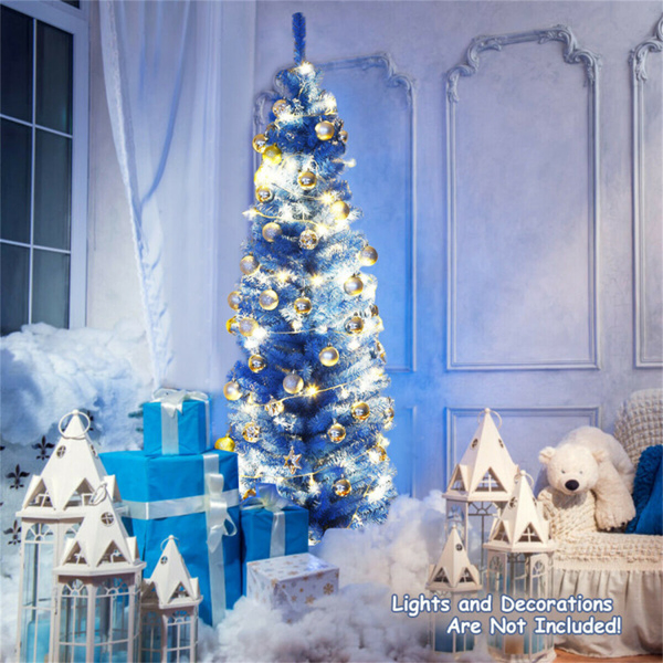 6FT Artificial Christmas Tree - 520 Branch Tips, Blue/Pencil Shape Design, Eco-Friendly PVC + Sturdy Metal Stand-16
