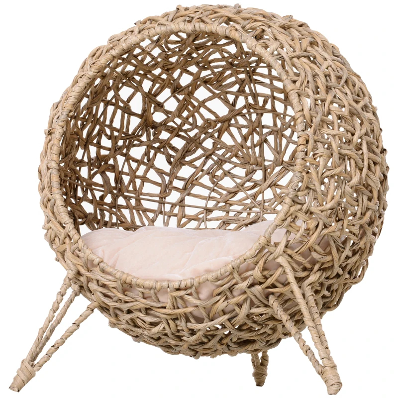 Weaved Cat Bed, Elevated Hand-woven Braided Banana Leaf Kitten House Condo With Cushion, Beige