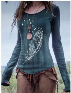 Fashion V-Neck Print Loose Long Sleeve T-Shirt - F-S - View 1