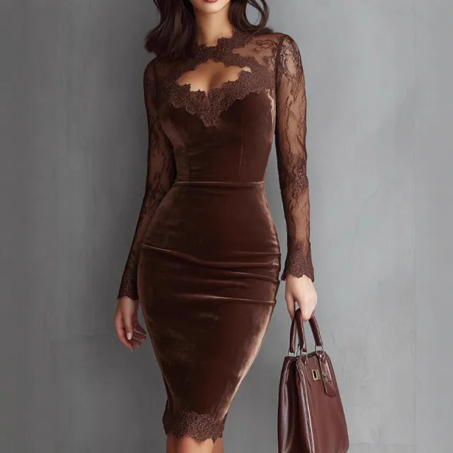 Women's Solid Color Sexy Lace Trim Bodycon Midi Dress, Long Sleeve Party Dress For Spring Autumn Evenings Coffee - Shop at LoveMi
