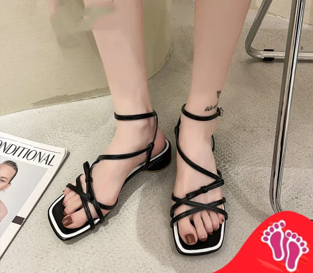 Summer Mid heel Square toe Thick heeled Sandals Women Black - Shop at LoveMi