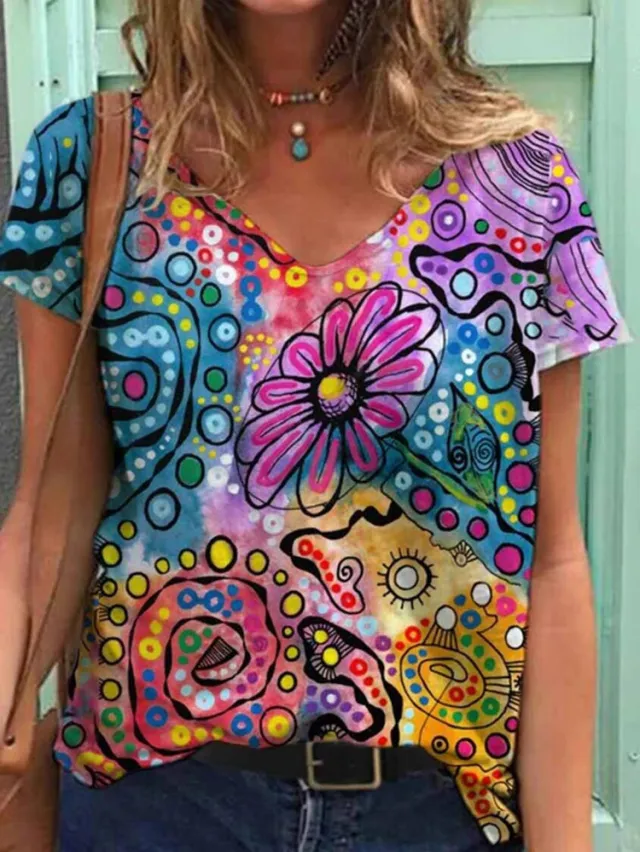 V neck Abstract Painting Printed Short Sleeve My01 - Shop at LoveMi