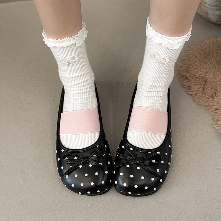2026 Spring New Soft Sole Slip-on Ballet Flats, French Polka Dot Bow Flat Mary Jane Shoes For Women