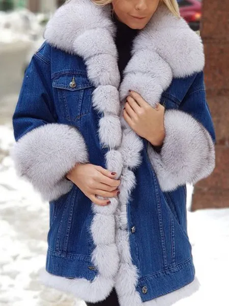 Ladies Fur One Denim Long Long Sleeve Coat White - Shop at LoveMi