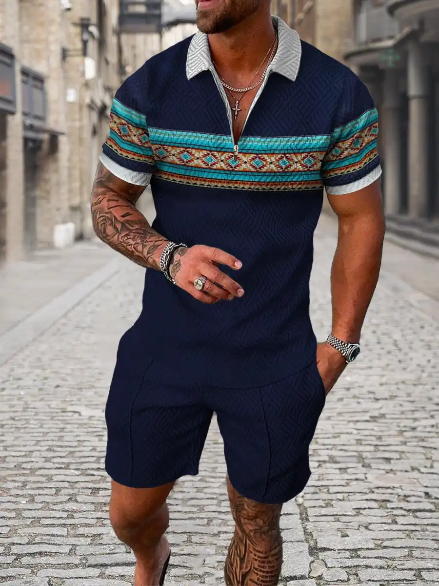 Men's Summer Fashion 3D Printed Short Sleeve Geometric Zip Lapel Shirt Set