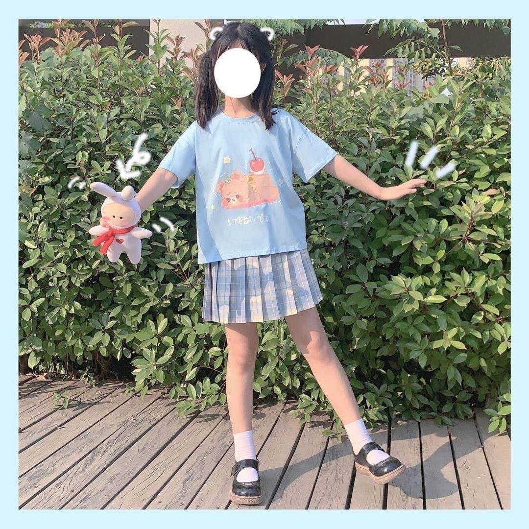 Japanese Soft Girl Style Cute Apple Bear College Student Short-sleeved T-shirt Set